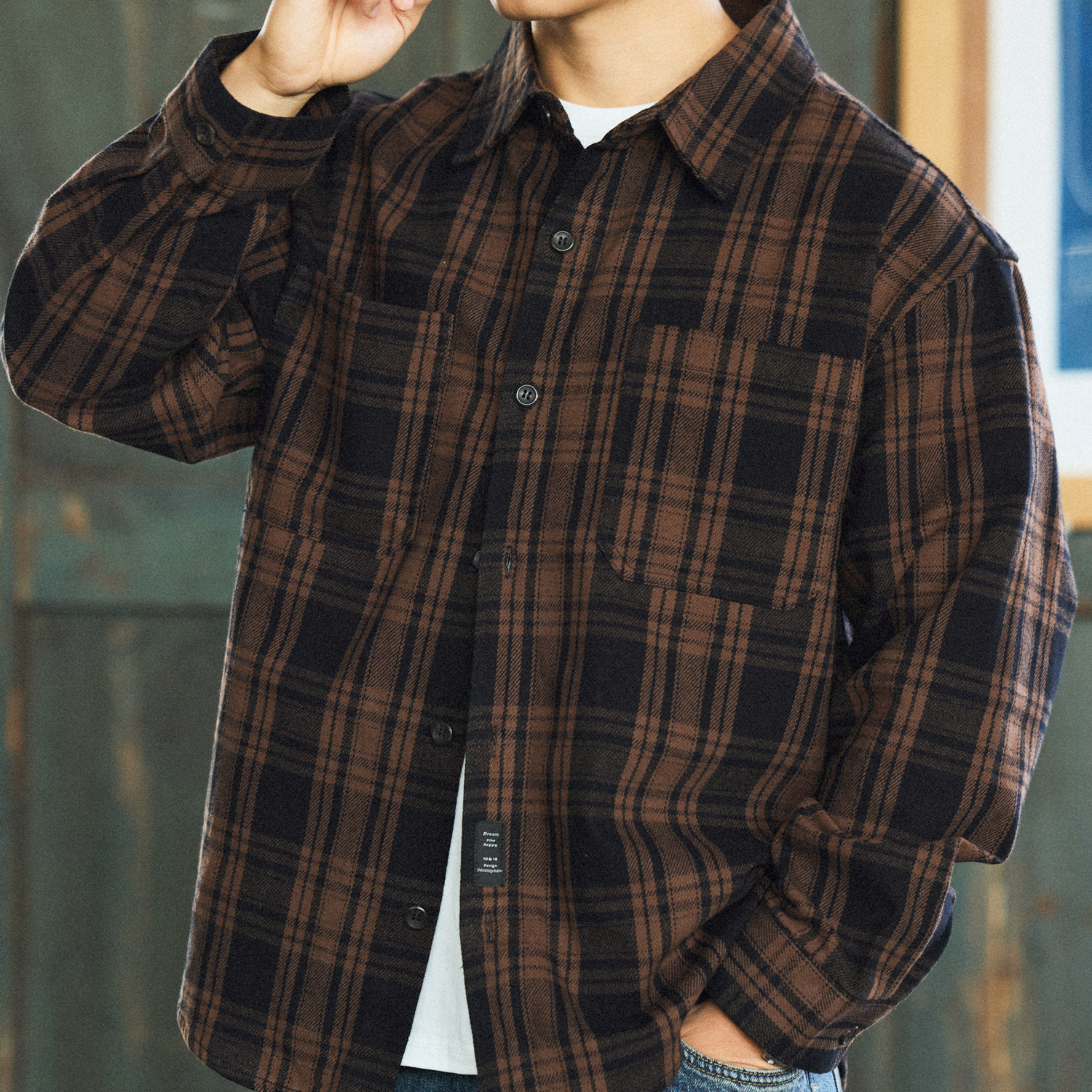 美式復古300g重磅格紋襯衫男純棉加厚磨毛長袖襯衣外套