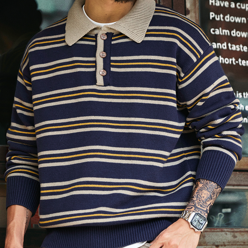 美式復古POLO領條紋毛衣男2025冬季新款寬鬆慵懶風撞色針織衫上衣