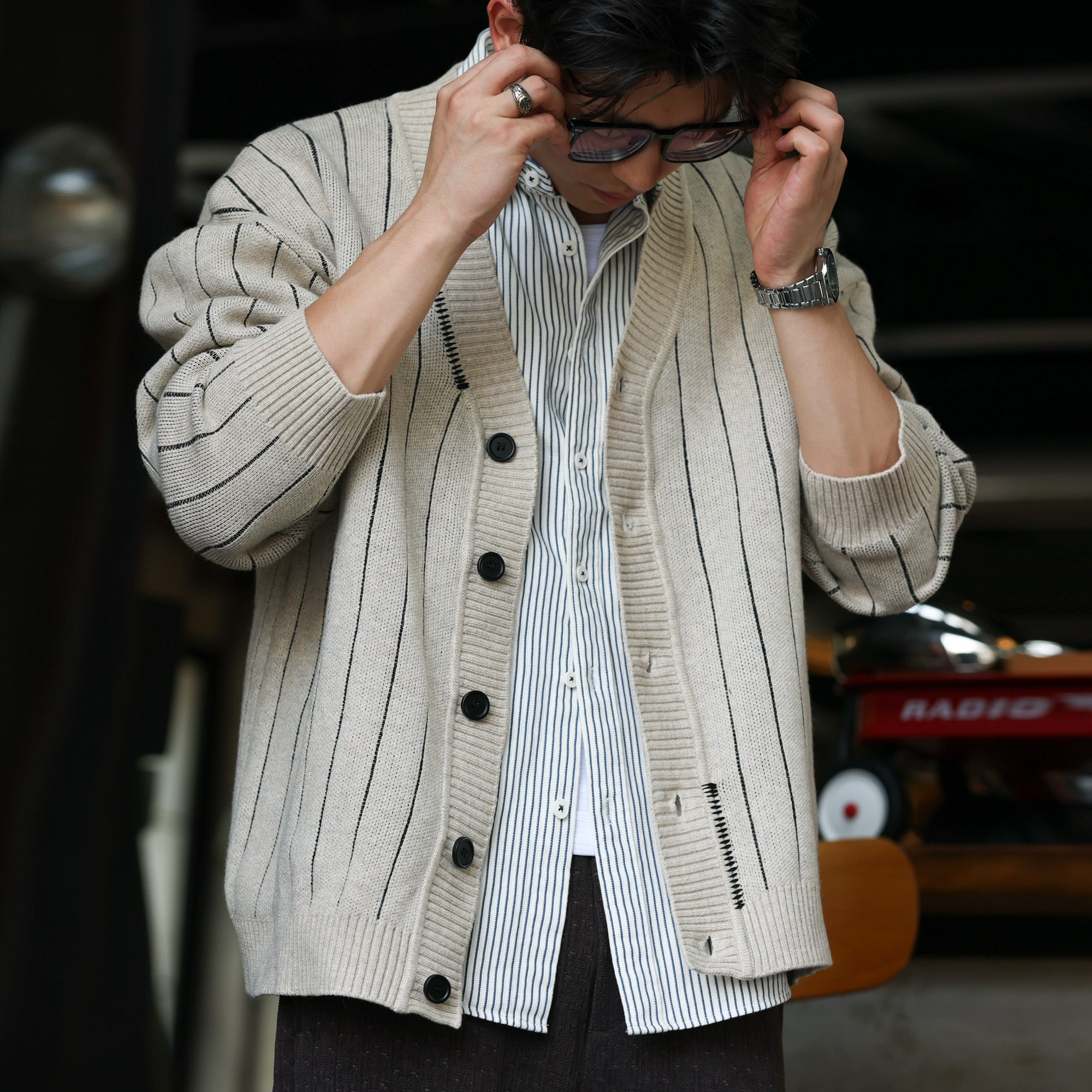 美式復古學院風條紋開衫毛衣男休閒慵懶風V領針織外套