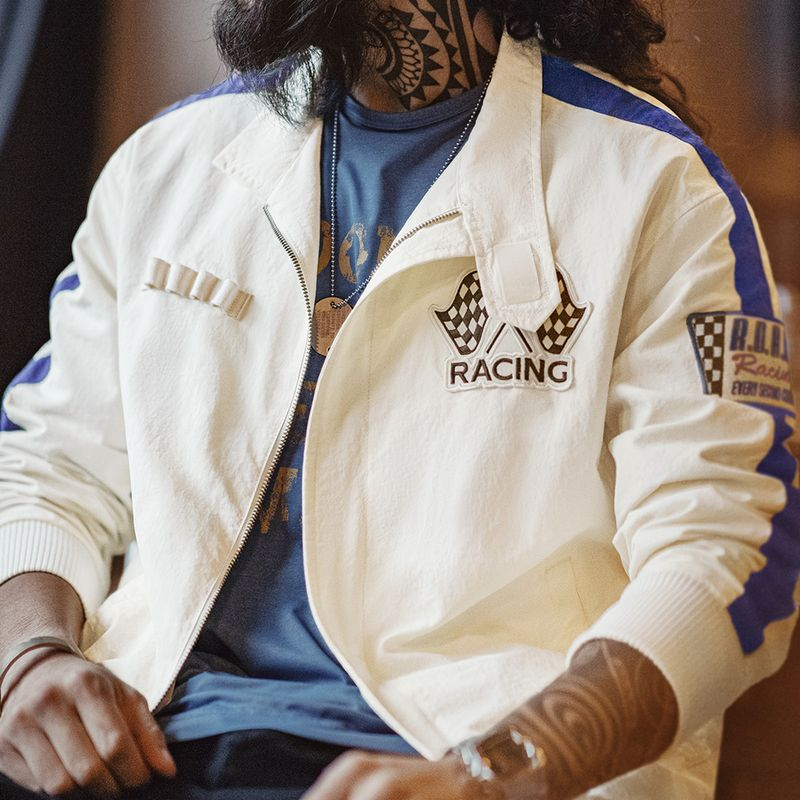 美式復古拼色刺繡賽車夾克F1車手服休閒棒球領外套男春