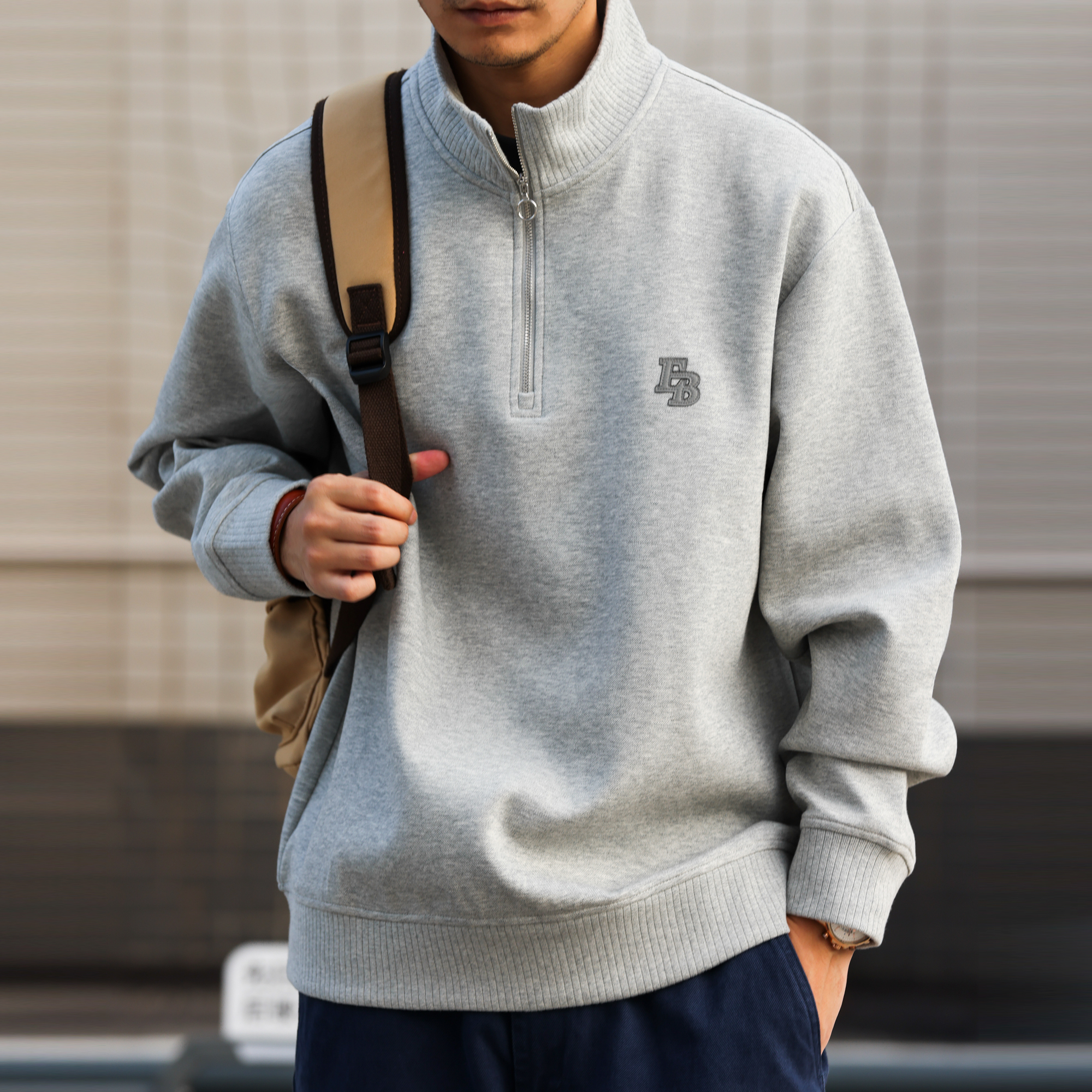 美式休閒貼皮繡立領衛衣男400g重磅半拉鍊運動套頭上衣