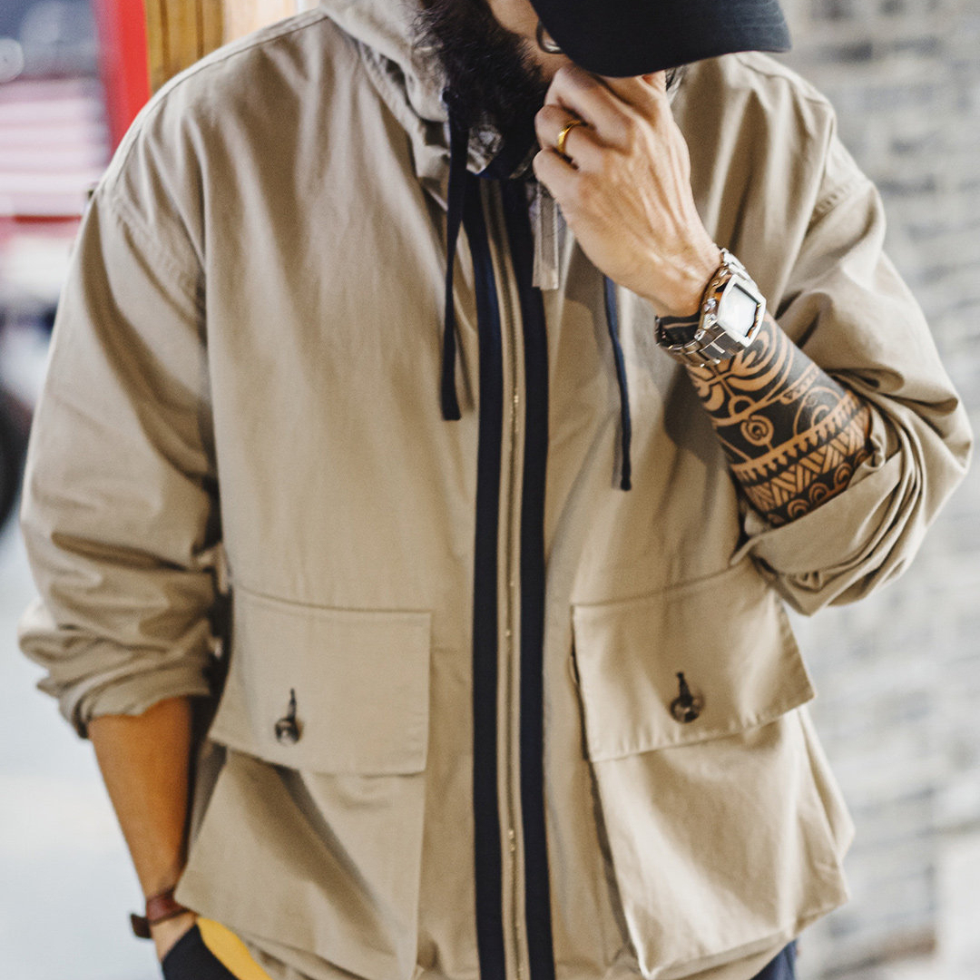 美式復古多口袋夾克純棉帆布卡其色立領連帽薄款外套男春