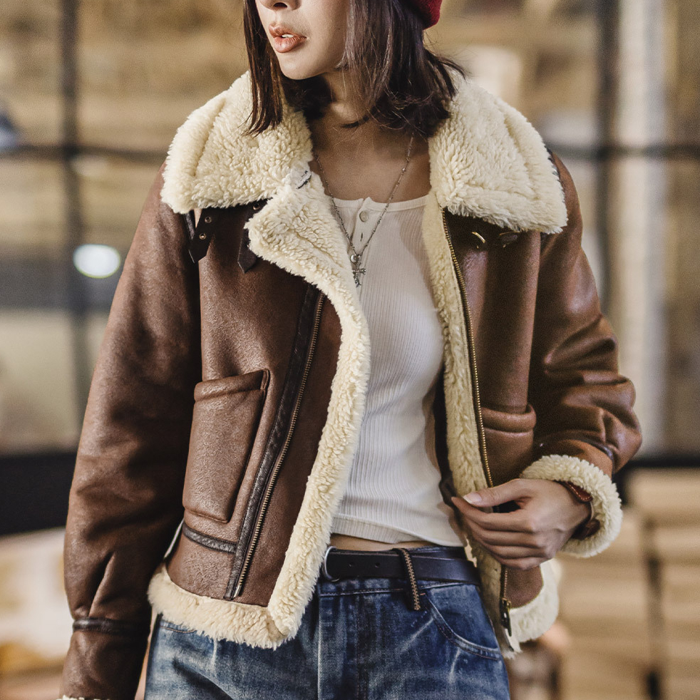 立翻領麂皮仿羊羔毛加厚飛行員短款棉服衣襖夾克外套女士秋冬