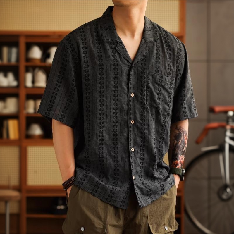 美式復古波西米亞短袖襯衣男夏威夷休閒度假古巴領襯衫