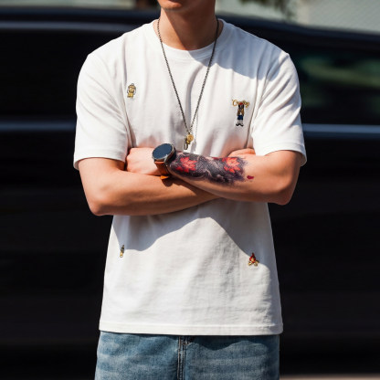 200g親膚凉感趣味刺繡短袖T恤男微落肩圓領質感打底衫夏