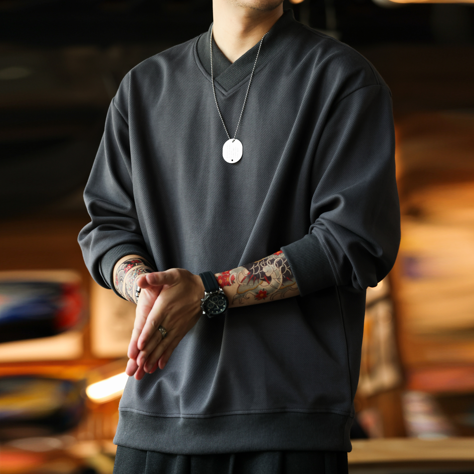 美式復古交疊小V領衛衣男380g斜紋肌理感休閒套頭上衣秋