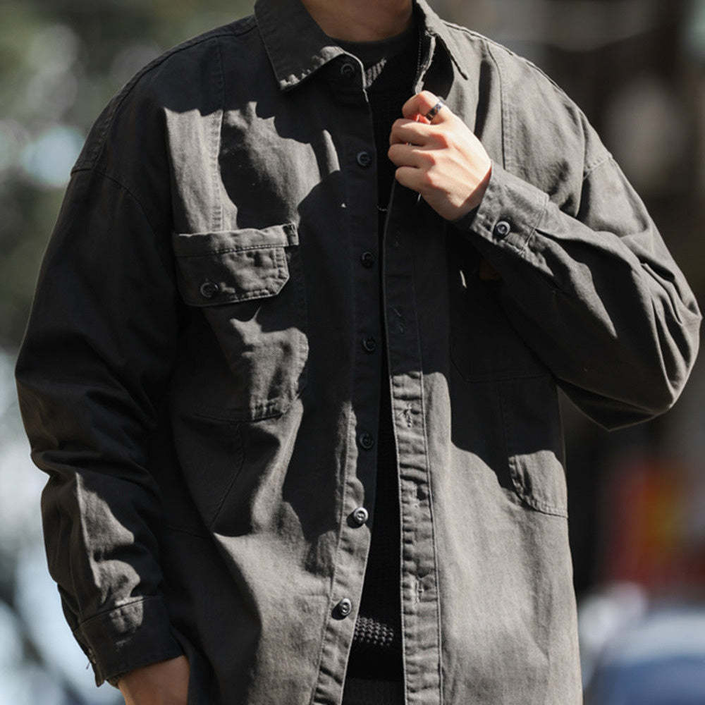 美式復古重磅工裝襯衫男拼介面袋疊穿戶外硬漢獵裝夾克外套-Retro's Wear