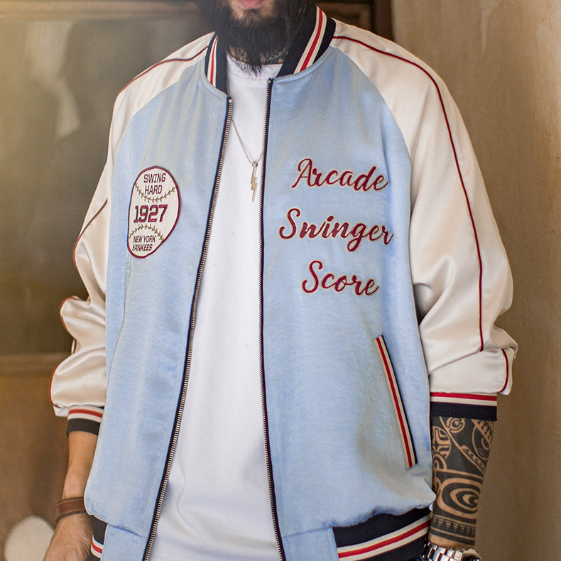 美式復古刺繡橫須賀棒球服夾克拼接痞帥缎面外套短款男秋