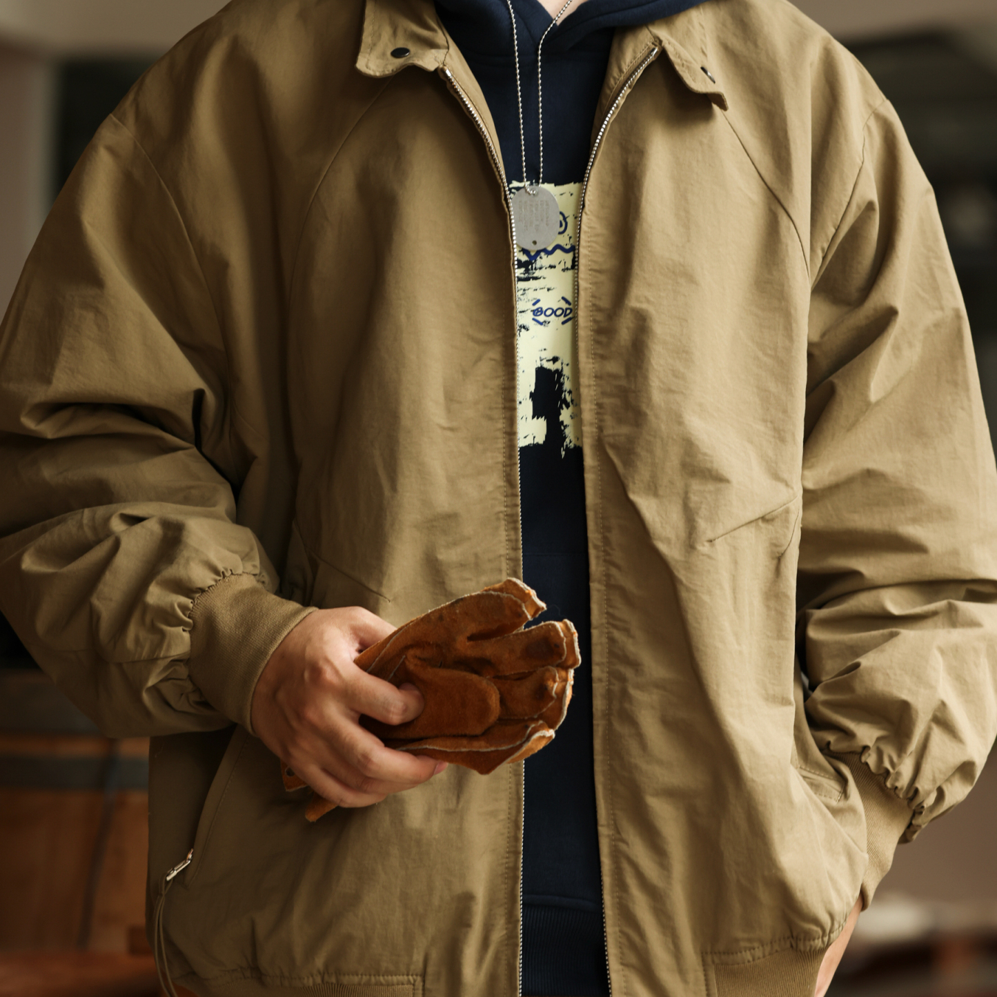 美式復古防風立領工裝夾克男卡其戶外通勤拉鍊口袋外套