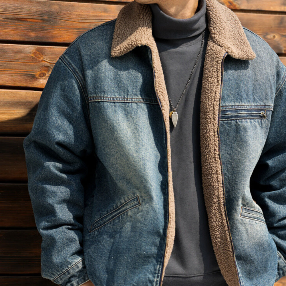 日系復古翻領羊羔絨外套男加絨加厚微闊保暖工裝牛仔夾克冬-Retro's Wear