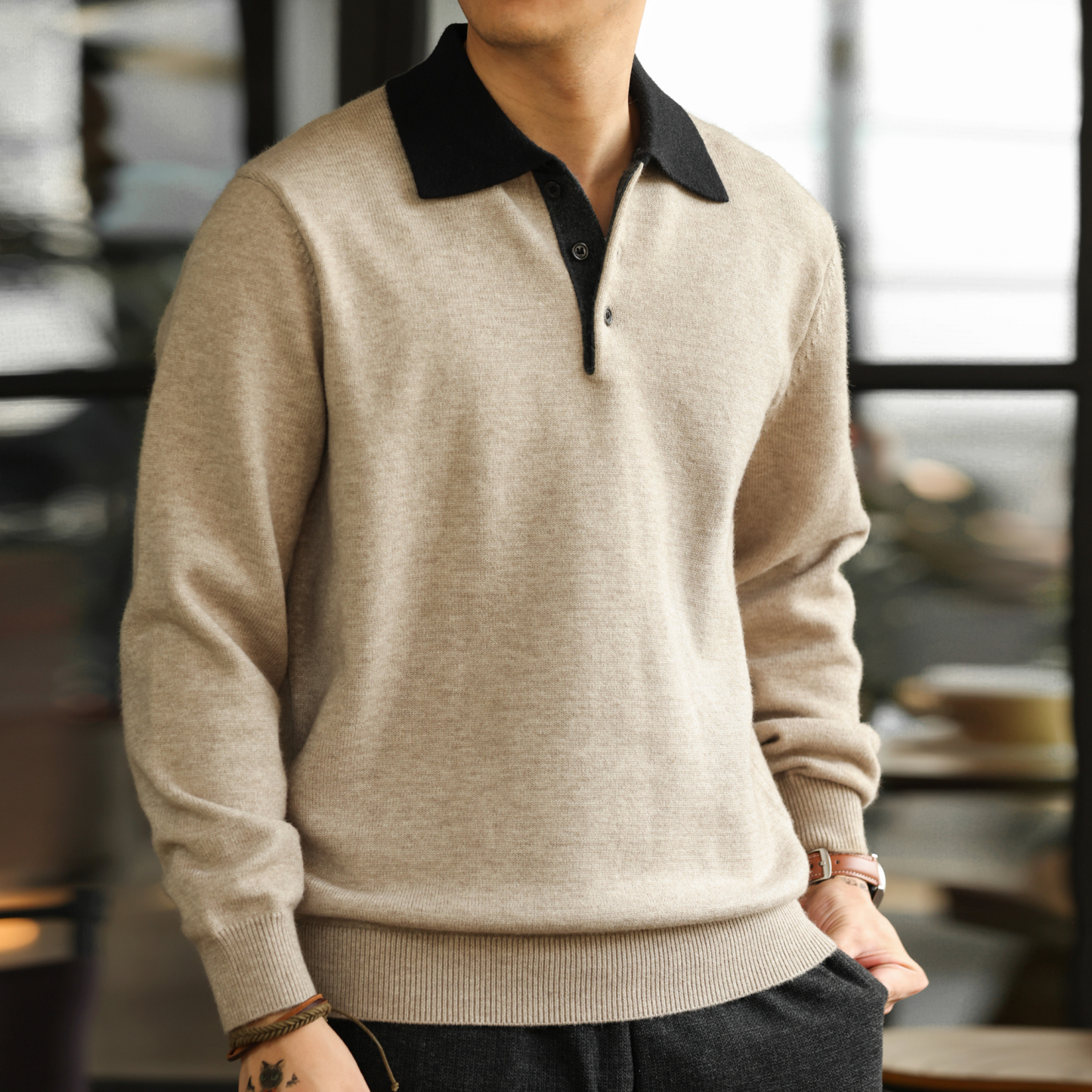 老錢風撞色POLO領毛衣男高支細針抗起球休閒羊毛針織衫