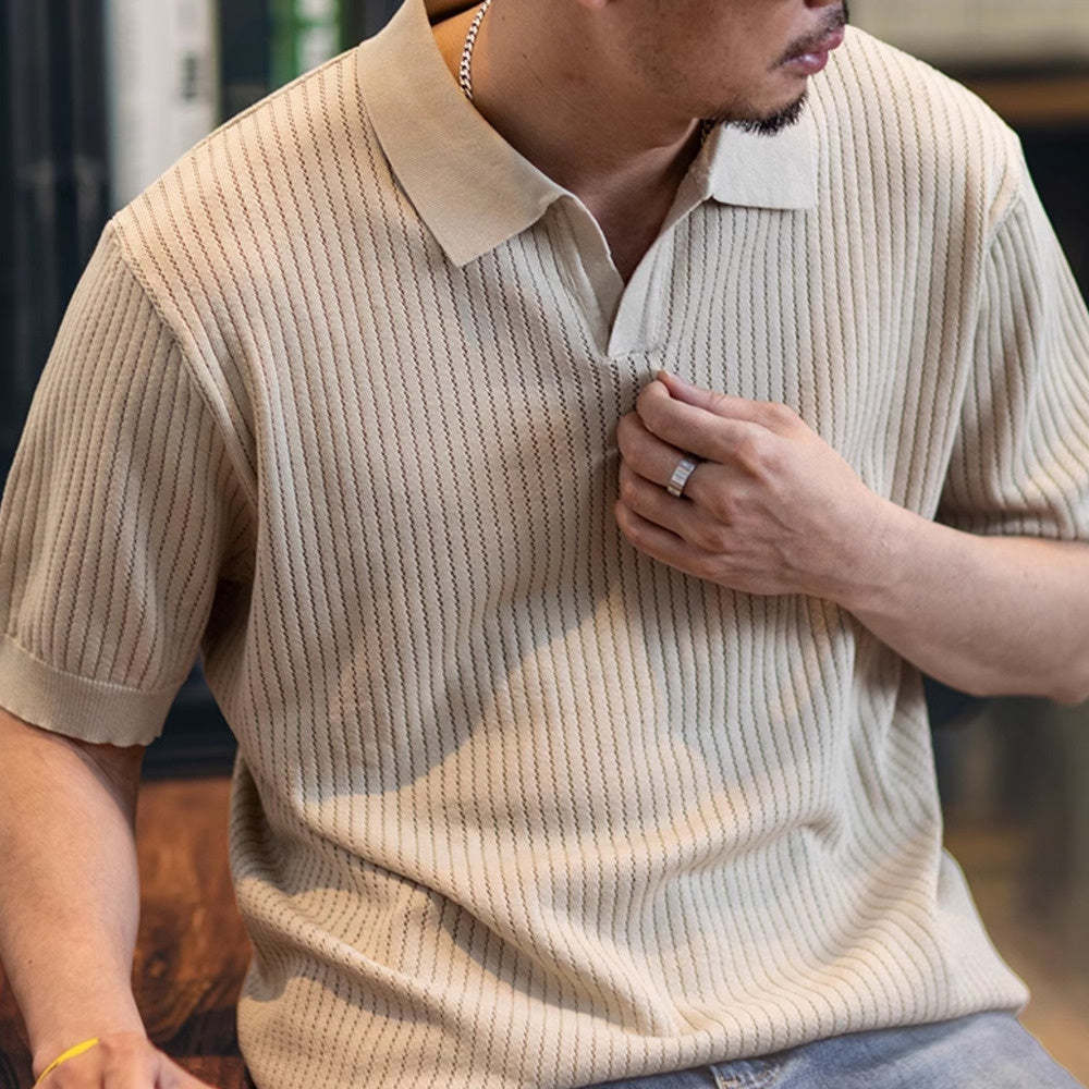 美式V領冰絲Polo衫短袖男2025新款寬鬆針織衫T恤夏季純色翻領上衣