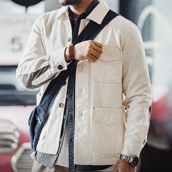 法式復古重磅棉籽殼夾克斜紋純棉翻領燈芯絨拼接外套男秋-Retro's Wear