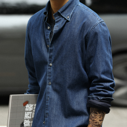 美式紐扣領復古原牛色長袖外搭襯衣外套男