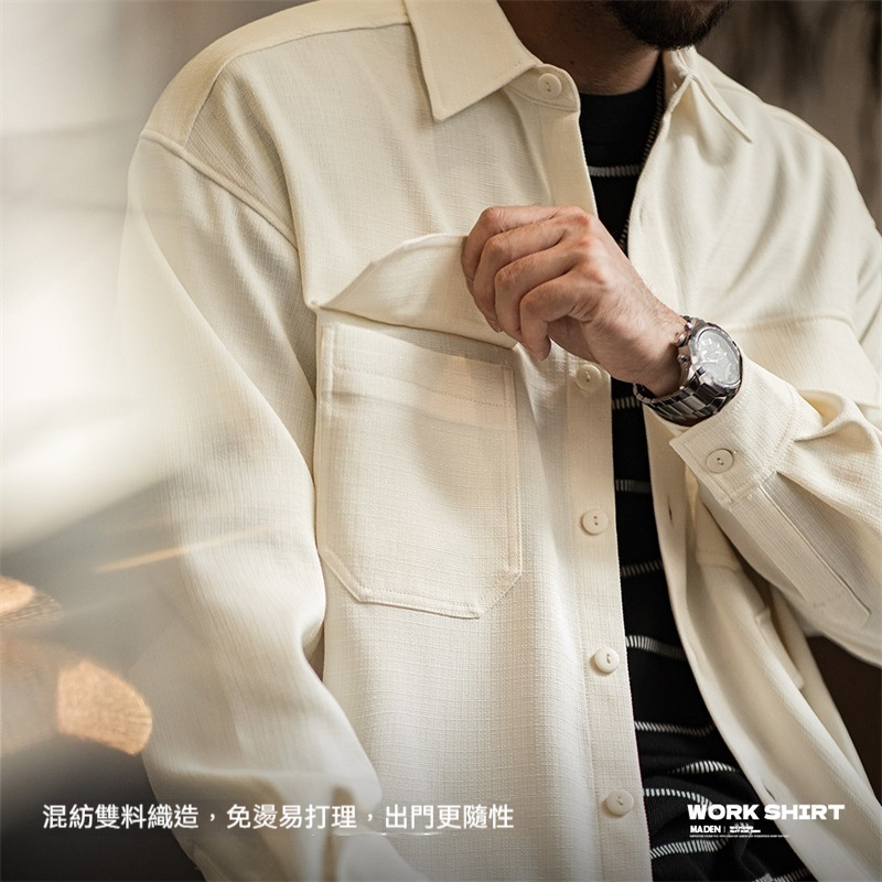 美式休閒廓形抗皺免燙長袖襯衫寬鬆翻領口袋襯衣外套男秋-Retro's Wear
