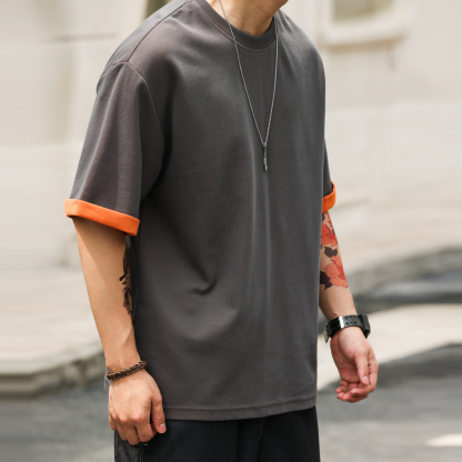 美式休閒雙面异色短袖T恤男230g凉感假兩件肌理感打底衫