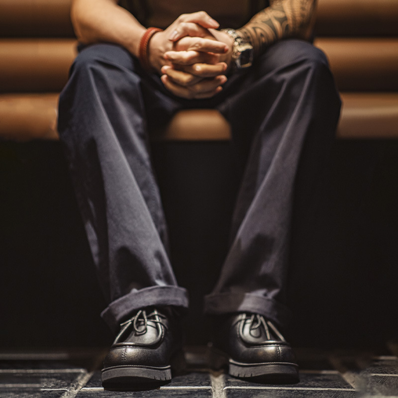 美式復古莫卡辛袋鼠鞋英倫休閒黑色圓頭德比小皮鞋男春-Retro's Wear