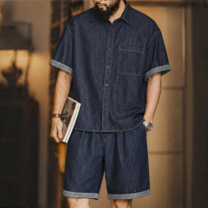 夏季新款男士牛仔套裝休閒短袖襯衫牛仔短褲兩件套