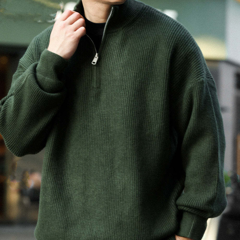 美式休閒半拉鍊立領保暖毛衣男700g復古慵懶風針織衫冬-Retro's Wear