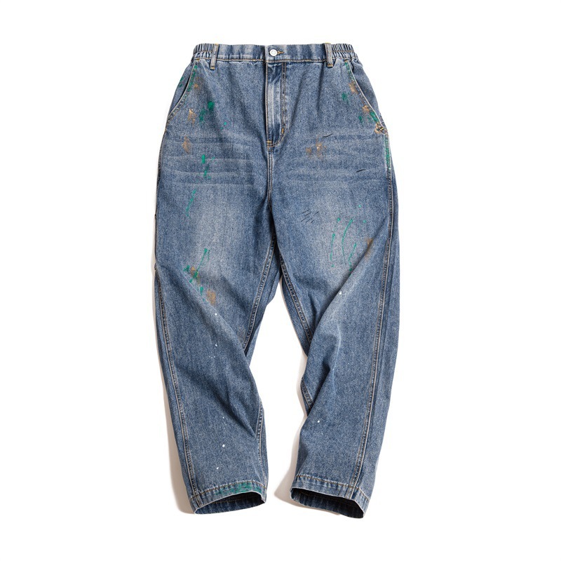 美式復古潑墨塗鴉牛仔褲竹節紋水洗直筒長褲伐木褲-Retro's Wear