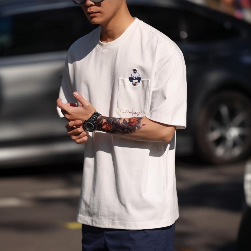 美式休閒重磅刺繡短袖T恤男口袋設計感白色落肩袖打底衫
