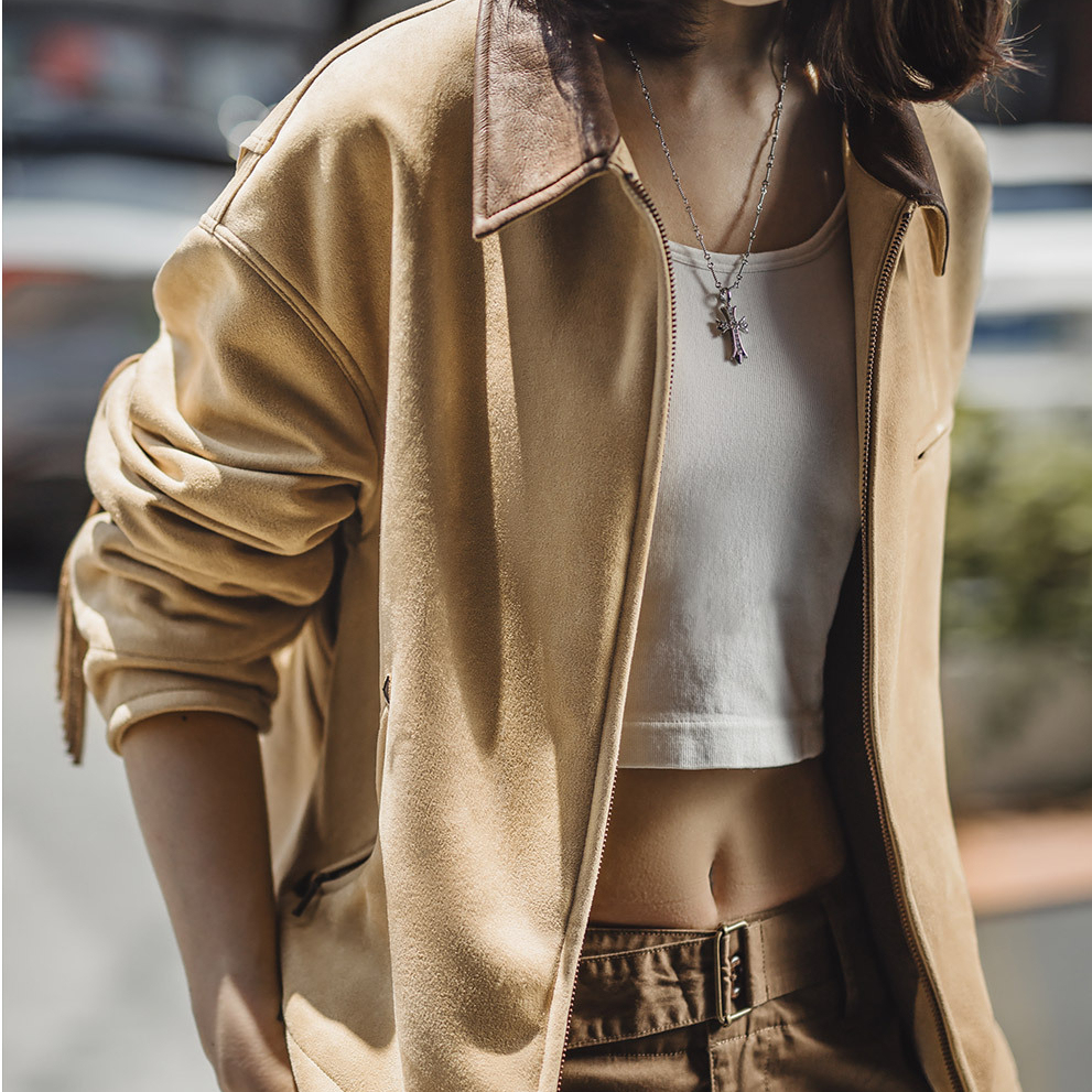 巴恩風卡其撞色翻領絨面麂皮流蘇底特律工裝夾克外套女士秋冬