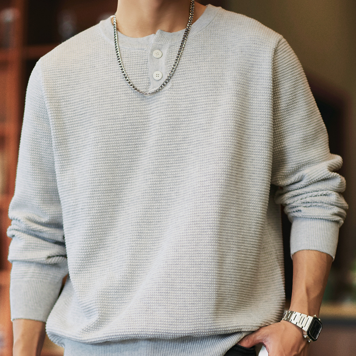 新疆長絨棉亨利領毛衣男士2025冬季新款肌理感全棉通勤內搭針織衫