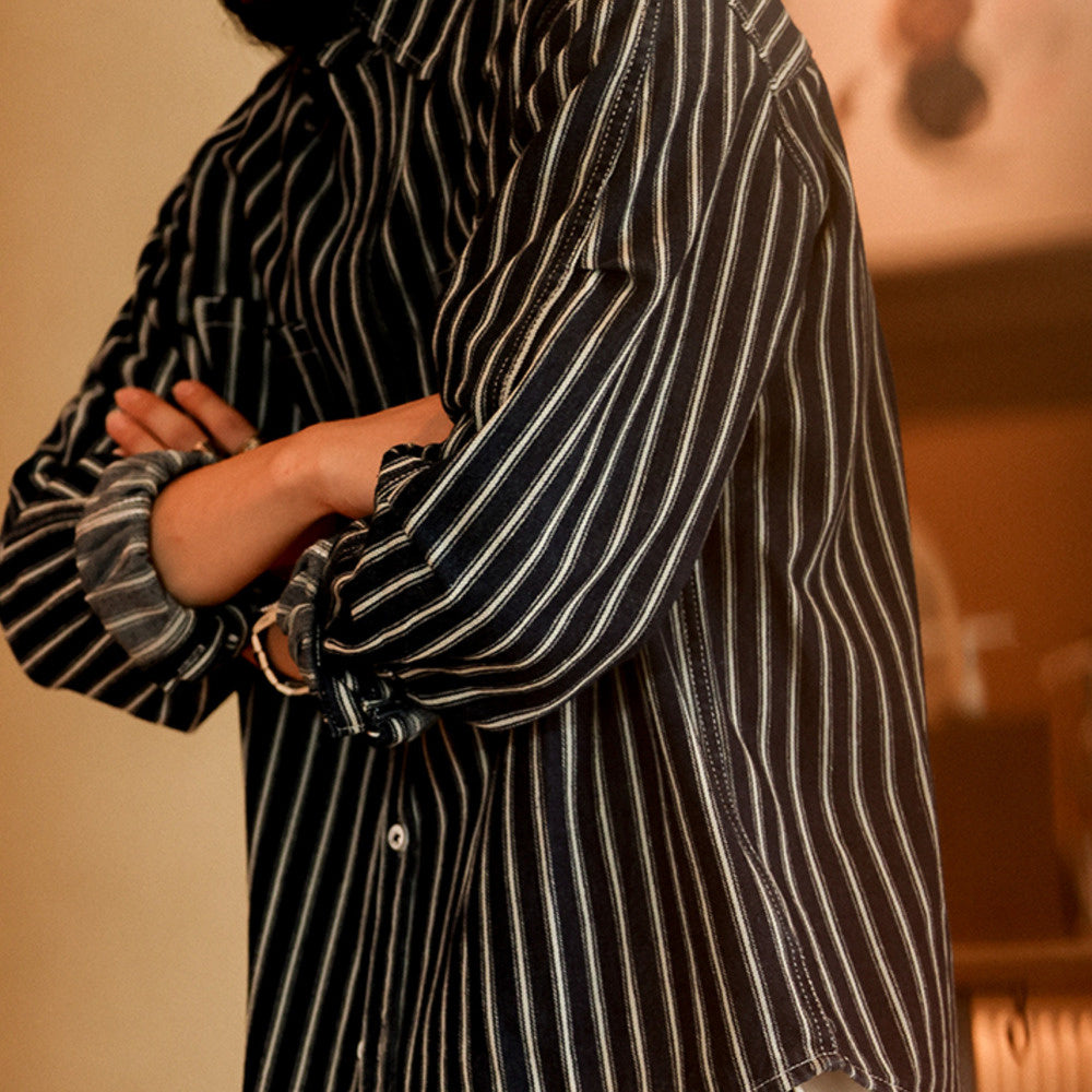 美式復古豎條紋襯衫男微寬長袖口袋戶外休閒牛仔襯衣外套-Retro's Wear