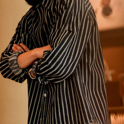 美式復古豎條紋襯衫男微寬長袖口袋戶外休閒牛仔襯衣外套-Retro's Wear