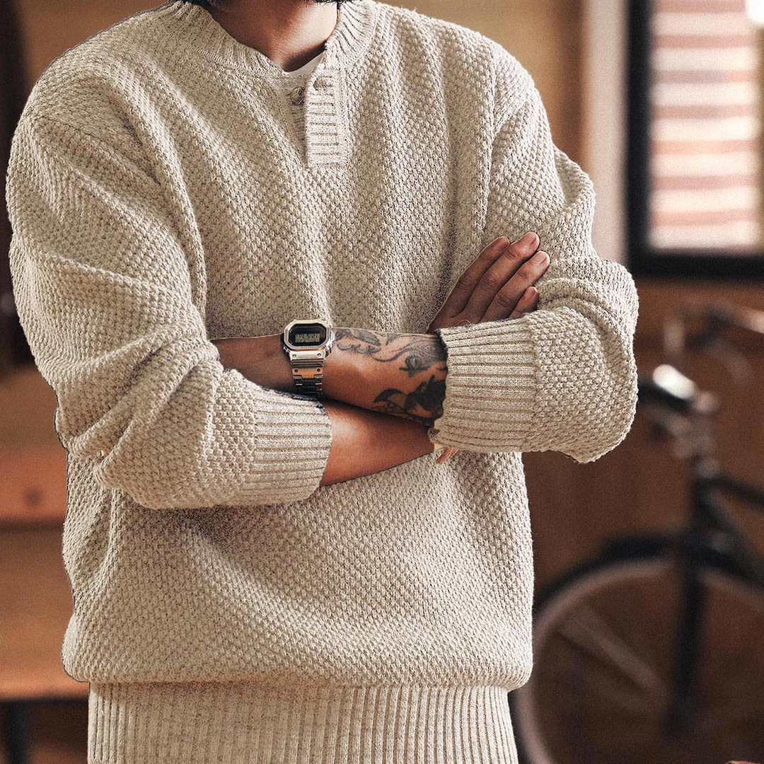 American heavyweight henry collar chunky knit sweater for men