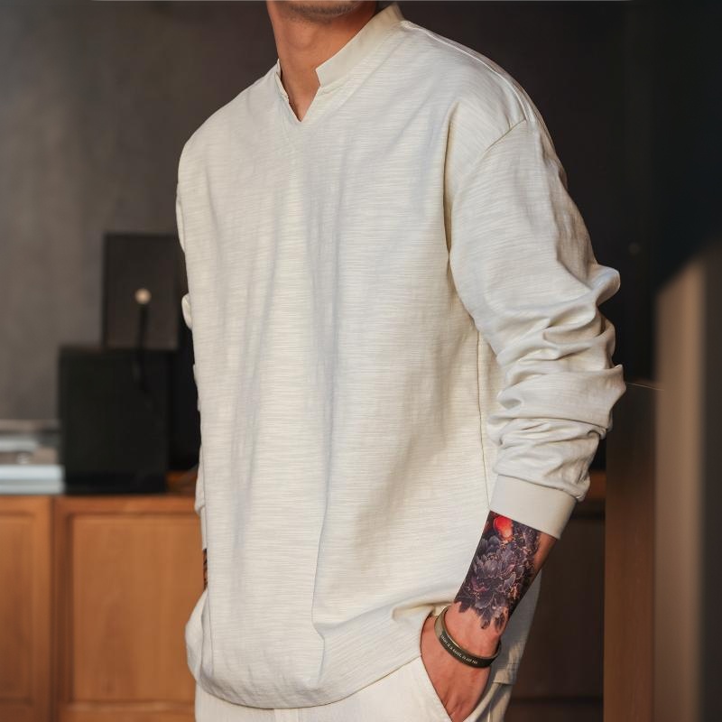 美式休閒竹節紗小V領長袖T恤男寬鬆簡約慵懶感打底衫春