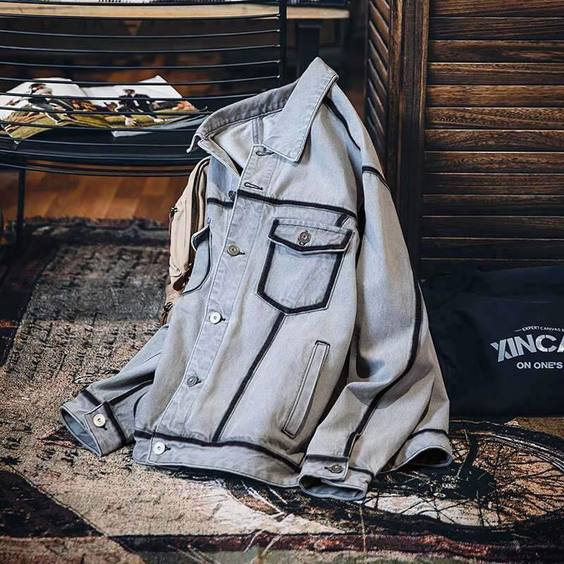 美式水洗描邊牛仔外套男春季2025新款潮牌復古軋染翻領工裝夾克男