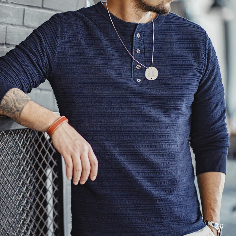 美式復古提花針織牛仔亨利衫vintage硬漢修身長袖T恤男秋-Retro's Wear