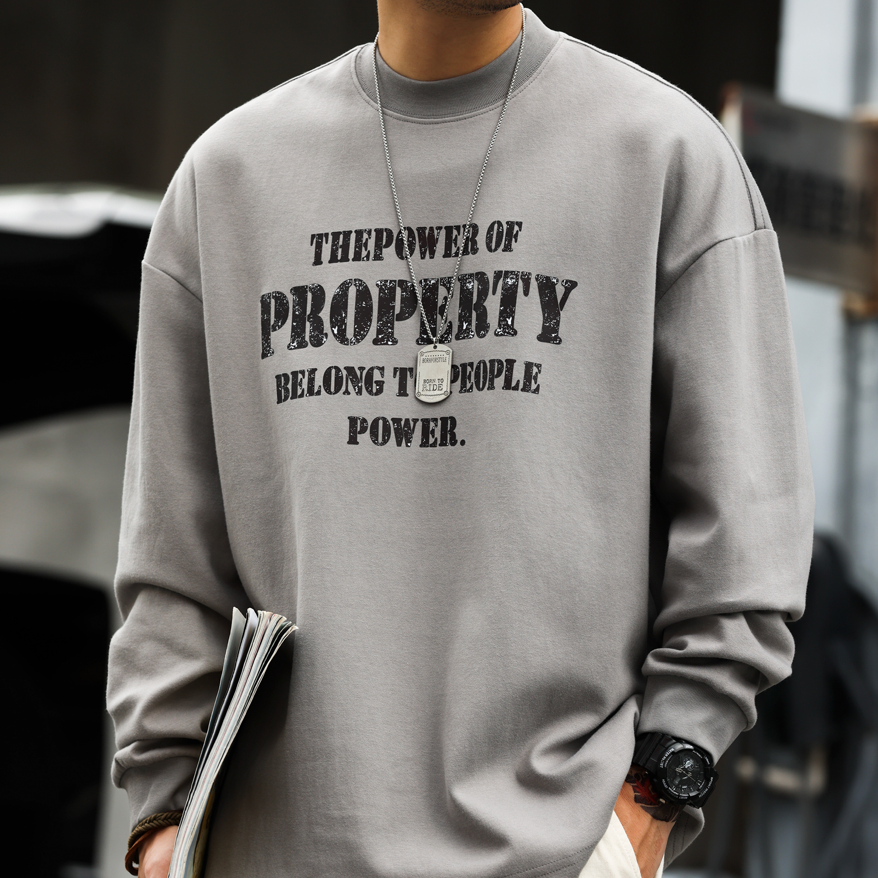 美式復古305g重磅做舊印花長袖T恤男小領口休閒打底衫