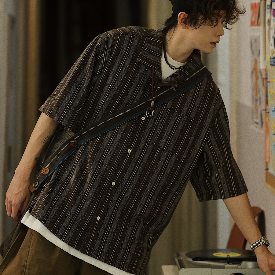 夏季日系條紋口袋工裝襯衫男少年感休閒潮流短袖襯衣