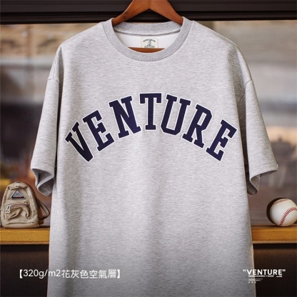 空氣層字母刺繡短袖T恤潮流寬鬆重磅五分袖圓領打底衫男-Retro's Wear