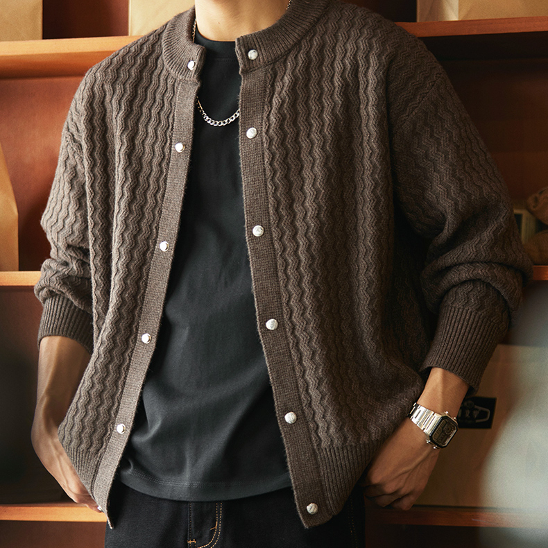 肌理感絞花開衫毛衣外套男2025秋冬新款休閒棒球領加厚保暖針織衫