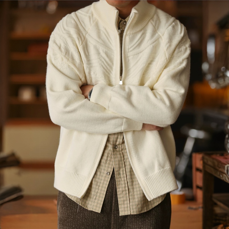 慵懶感雙拉鍊提花針織開衫男士美式休閒910g重磅毛衣外套