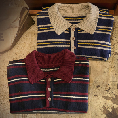 美式復古POLO領條紋毛衣男2025冬季新款寬鬆慵懶風撞色針織衫上衣