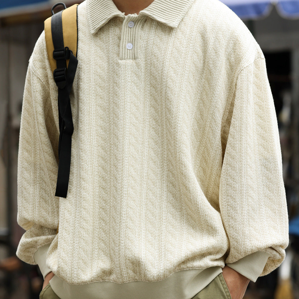 織條肌理鬆弛感翻領衛衣男美式休閒學院風寬鬆長袖POLO上衣-Retro's Wear