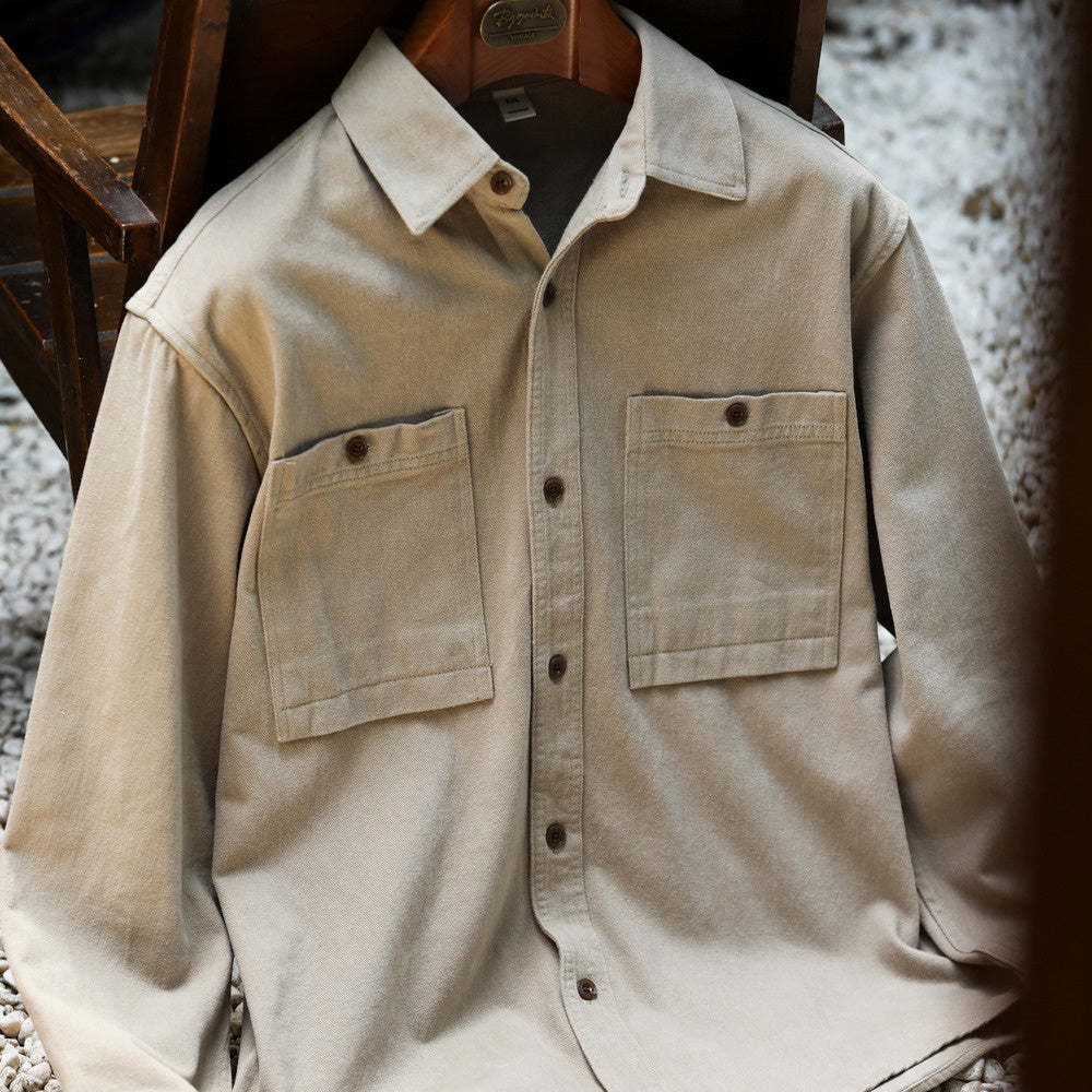 美德拉復古色系長袖襯衫男水洗純棉疊穿外搭日系襯衣外套秋-Retro's Wear