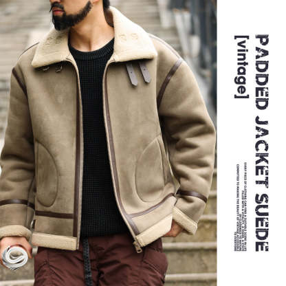美式復古拼接麂皮絨棉衣外套男加厚保暖羊羔絨機車夾克