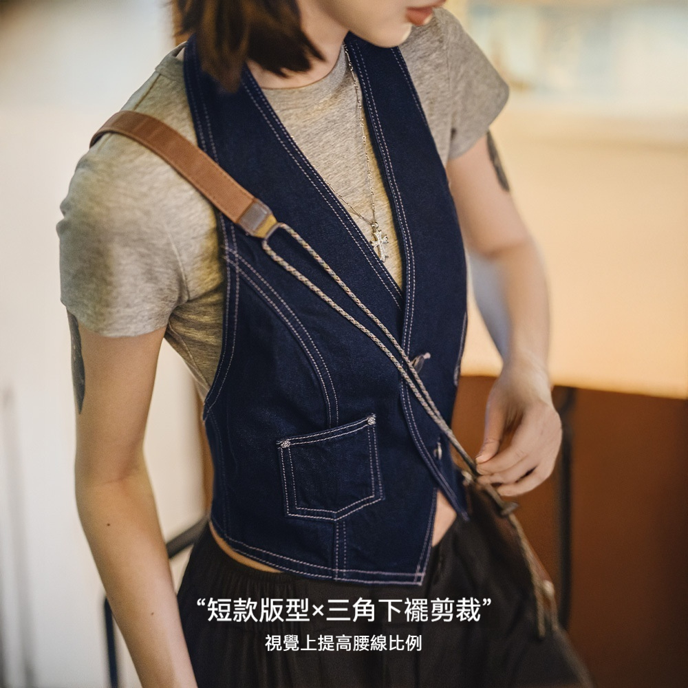 美式疊穿無袖V領背心開衫馬甲修身外穿坎肩露背掛脖短上衣女