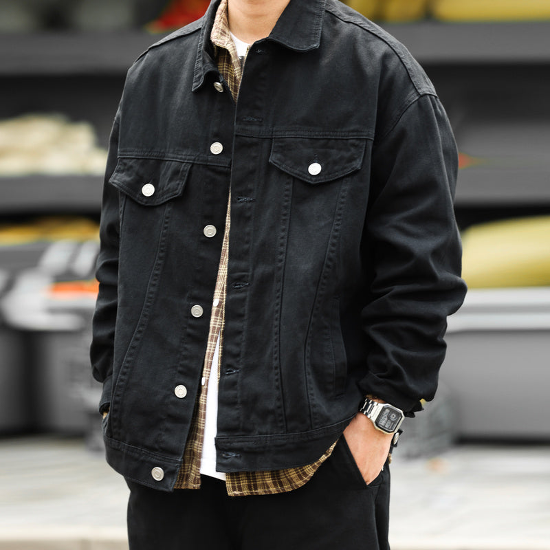 日系重磅牛仔夾克男阿特蘇水洗休閒復古黑色外搭開衫外套秋-Retro's Wear