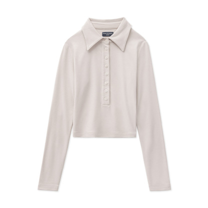 杏色翻領正肩長袖T恤短款修身上衣套頭針織內搭打底衫女士秋