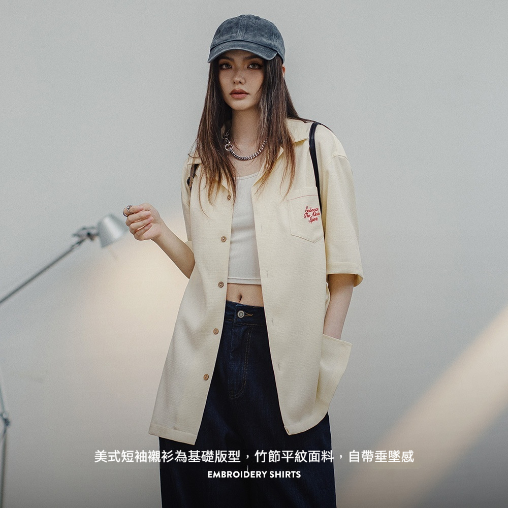 夏威夷風刺繡襯衫設計感寬鬆休閒T恤美式復古短袖襯衣夏季女