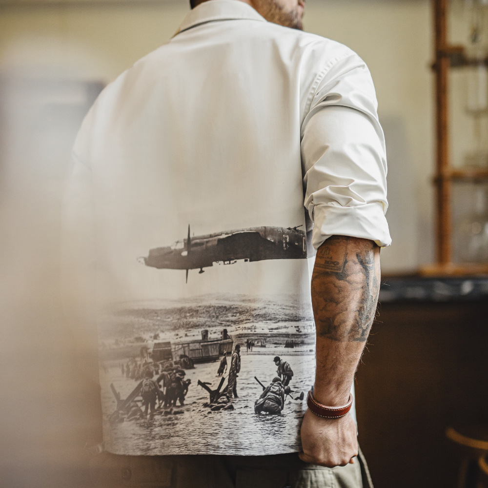 美式復古印花古巴領襯衫長袖寬鬆白色廓形襯衣外套男夏秋