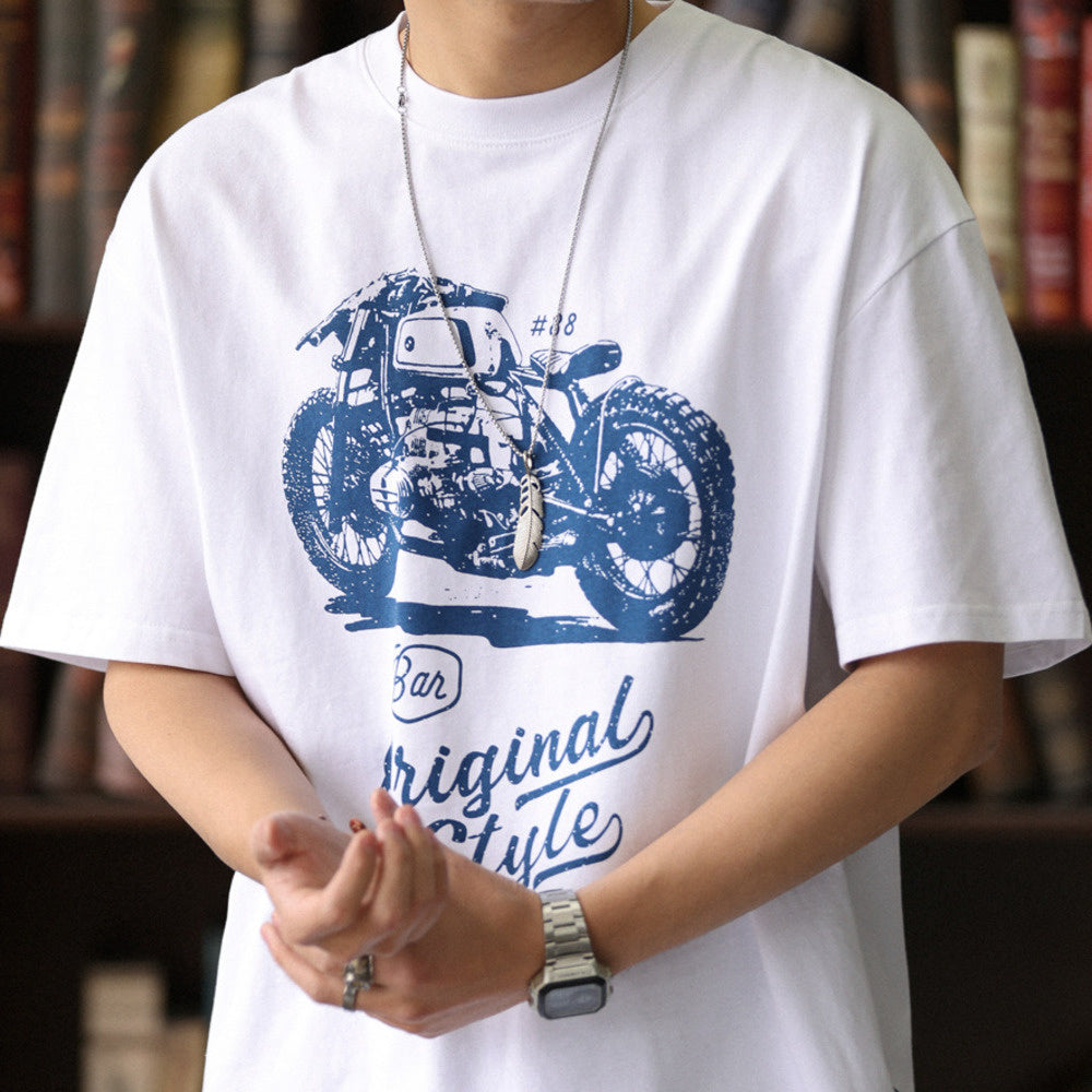 美式休閒機車印花短袖T恤男寬鬆圓領阿美哢嘰硬漢純棉TEE夏-Retro's Wear