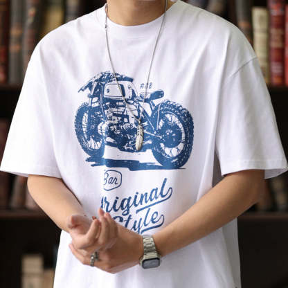 美式休閒機車印花短袖T恤男寬鬆圓領阿美哢嘰硬漢純棉TEE夏-Retro's Wear