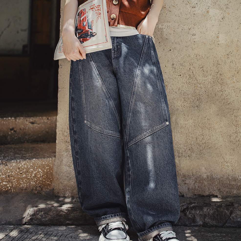 美式復古水洗拼接寬鬆闊腿顯瘦香蕉鐮彎刀工裝牛仔褲子女士秋